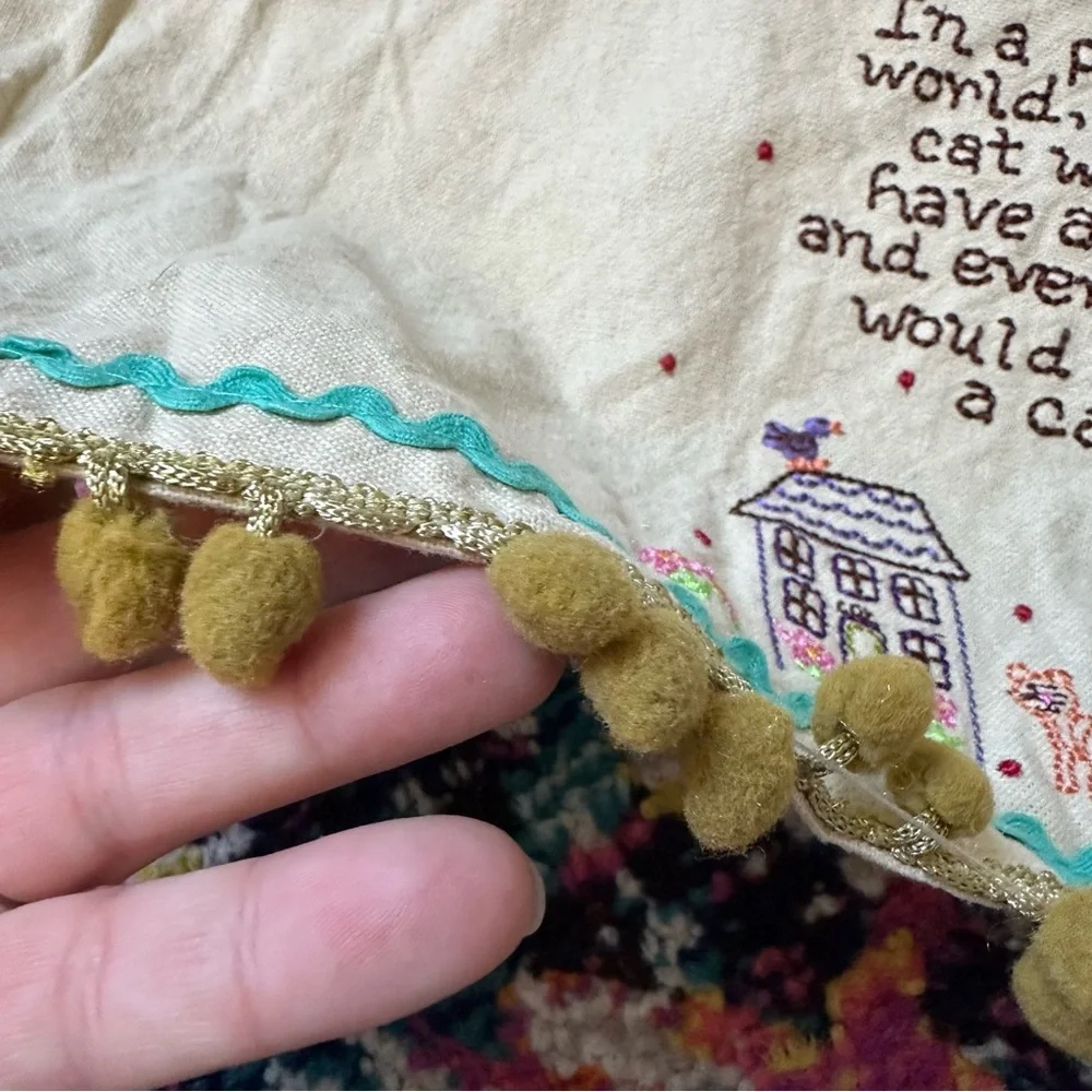 Natural Life Cat Embroidered Pom Pom Trim Linen Hand Towel